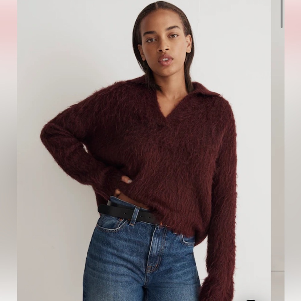 Madewell Alpaca Brushed Polo Sweater Sz M Burgundy Wine Cozy Preppy Minimalist